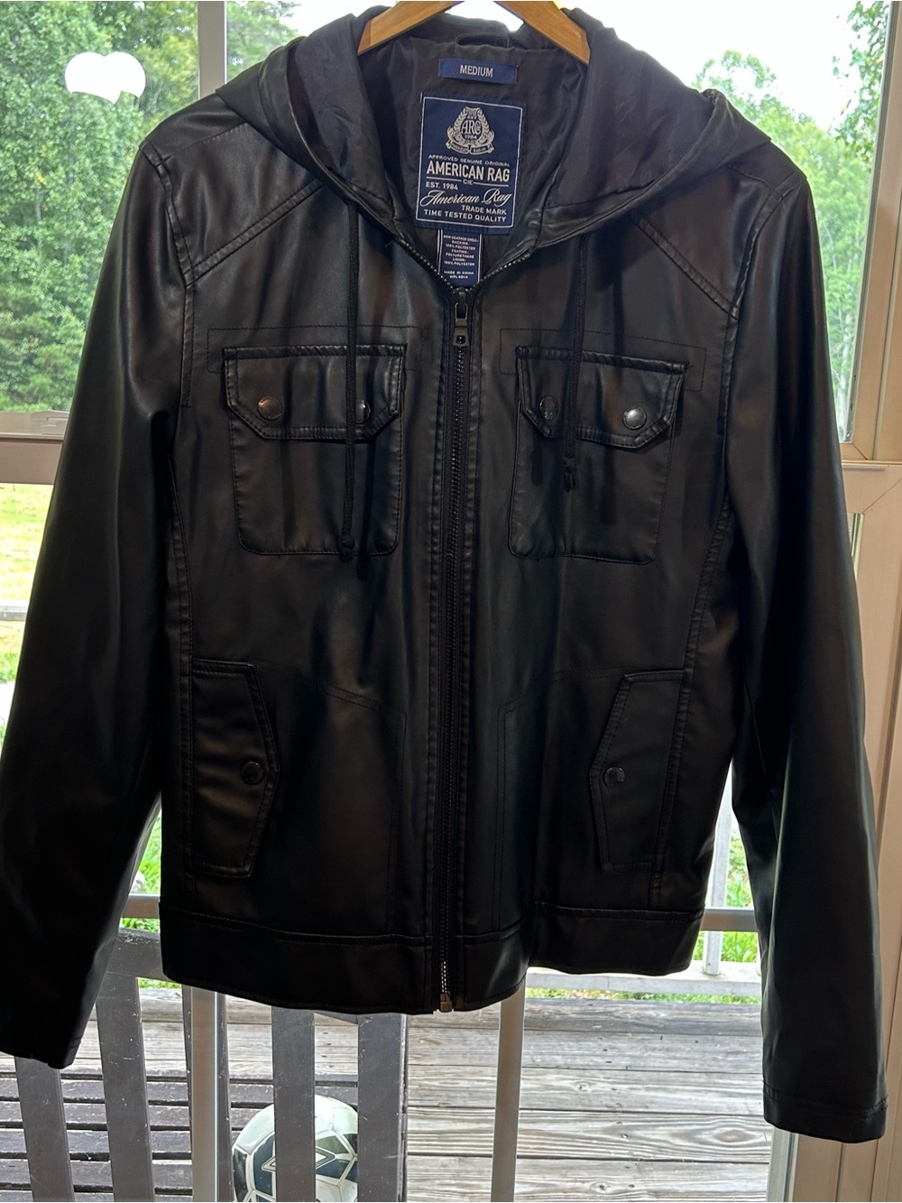 American Rag Men's Black Hooded Faux Leather Full Zip Jacket Size Medium Vegan